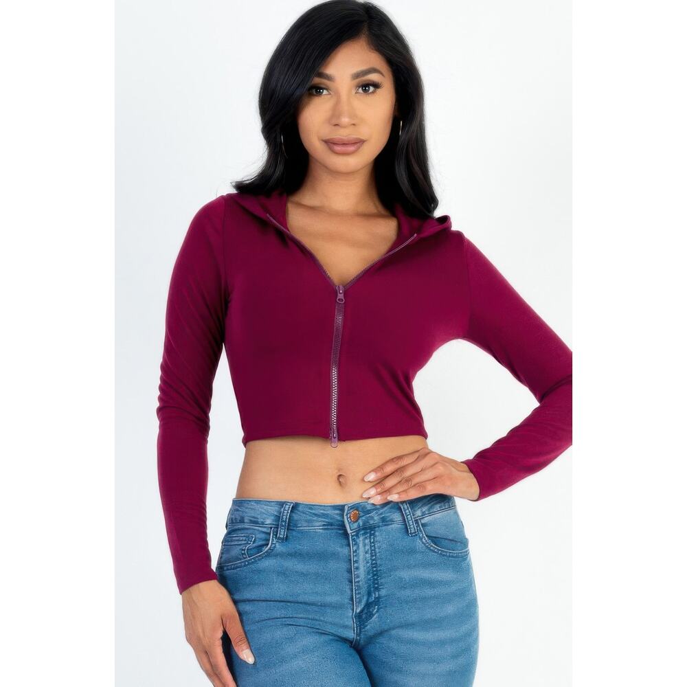 HackleBee | Women's Burgundy French Terry Crop Zip Up Hoodie Size S, M, L